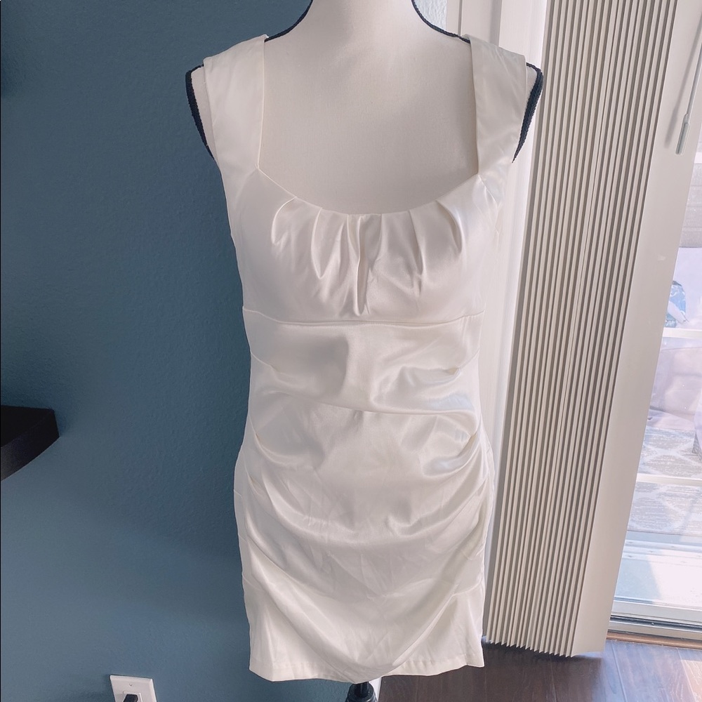 Windsor White Satin Ruched Bodycon Mini Dress X27X695 Square Neck Cutout Back